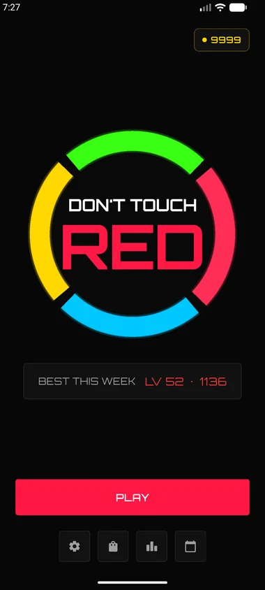 Don't Touch Red main menu with the title inside a large rotating neon color-dodge ring, weekly best score, and Play button