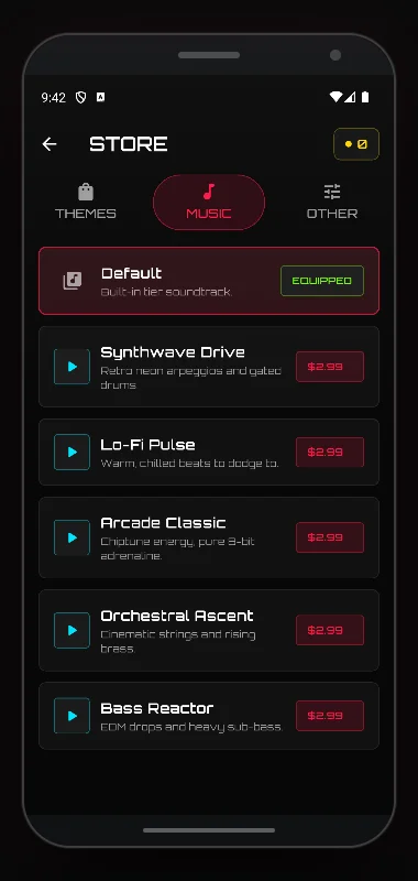 Music packs tab showing five purchasable music packs: Synthwave Drive, Lo-Fi Pulse, Arcade Classic, Orchestral Ascent, and Bass Reactor, each with a preview button and price