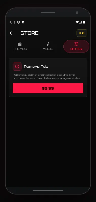 Store Other tab with a one-time Remove Ads purchase card that removes banner and interstitial ads forever