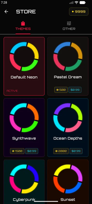 Store themes tab showing unlockable color themes (Default Neon, Pastel Dream, Synthwave, and Ocean Depths), each with a rotating ring preview